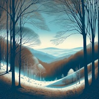 a painting of a winter scene with trees and snow
