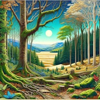 a painting of a forest with trees and moss